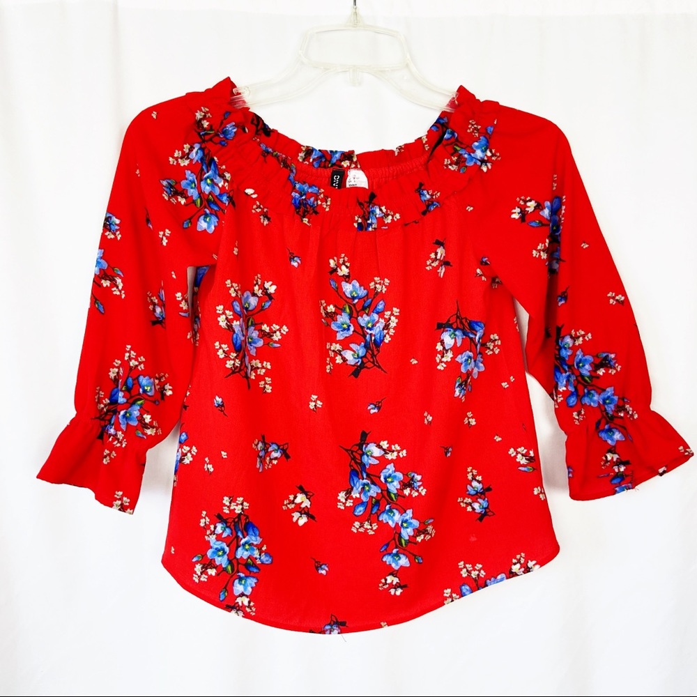 H&M Divided red floral cropped ruffle blouse S